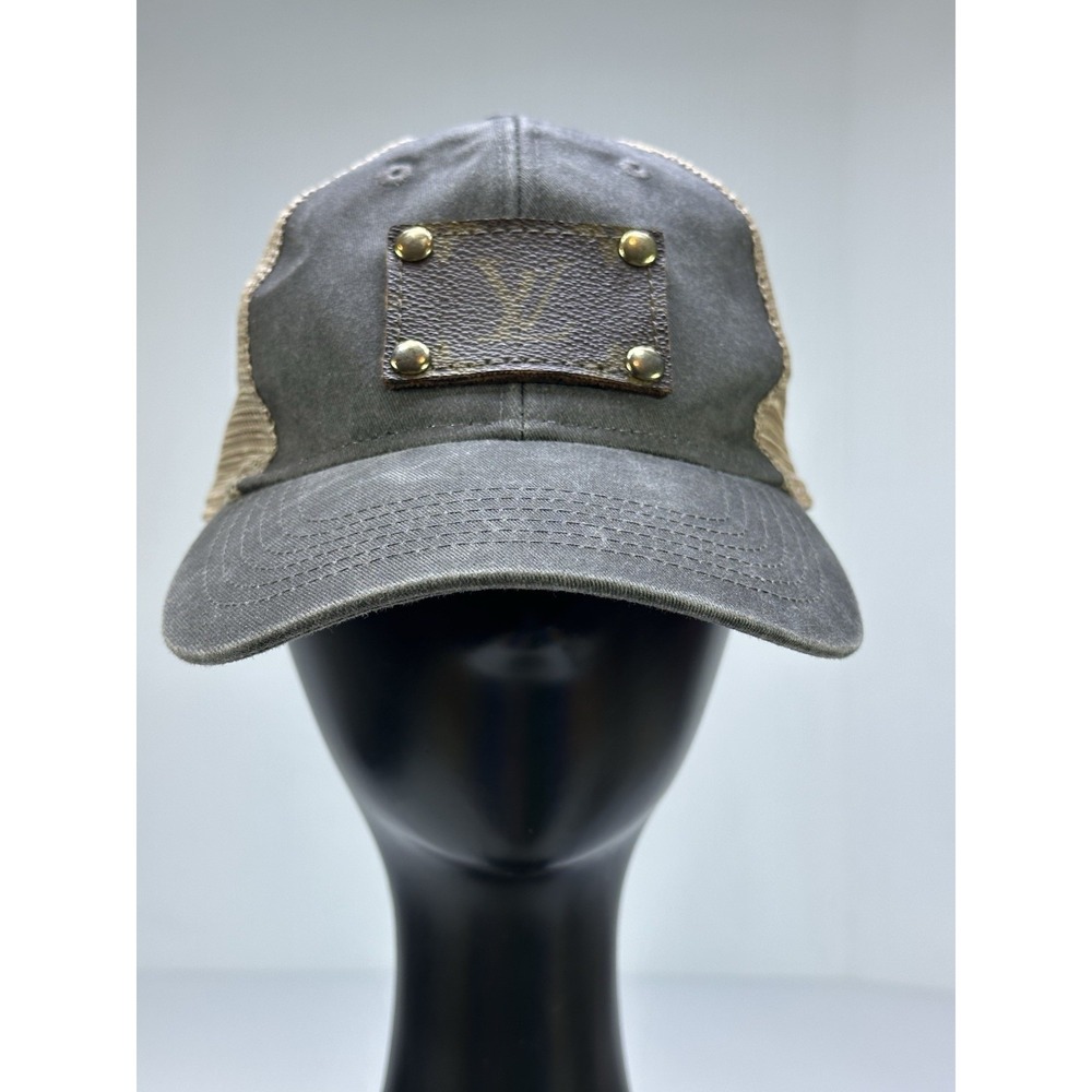 Upcycled LV Patch Distressed Trucker Hat Ponytail Cap Beige Gray Mesh